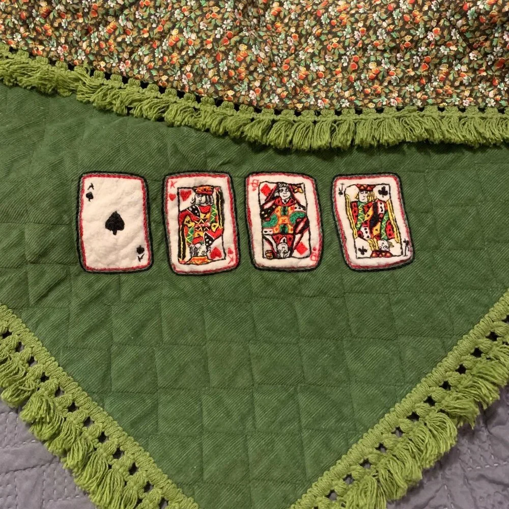 Handmade Quilted Poker Cards Playing Mat Table Cloth Fringe + Reversible Floral